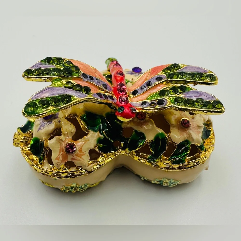 Heart Shape Floral Hinged Trinket Box With Colorful Crystal Jeweled Dragonfly